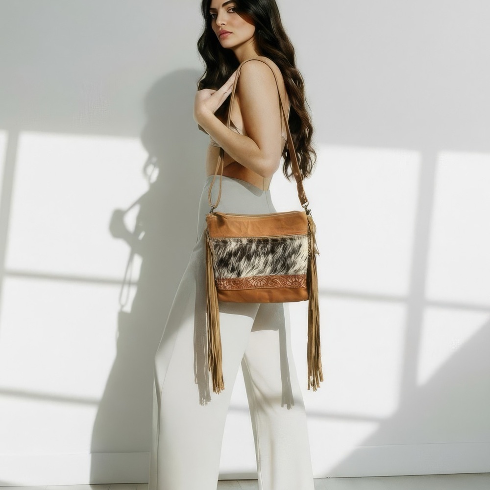 NEW Myra Bag Hand-Tooled Leather Cowhide Fringe crossbody festival flower Gift 💡 - Picture 2 of 9